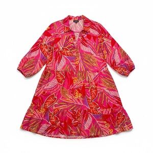 Spin USA Womens 2XL Pink Tropical Tiered Knee Length Shirt Dress Boho Maximalist